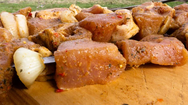 Pinchos Cerdo Marinado Pinchos Con Especias Cebollas Carne Cruda Trozos — Foto de Stock