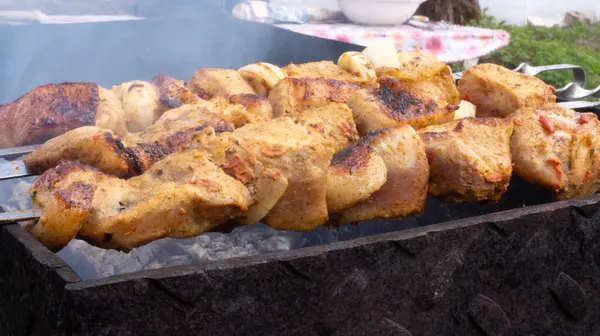 Приготування Свинячих Шампурів Грилі Ясо Спеціями — стокове фото