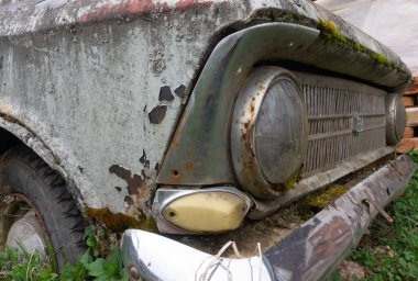 Terk edilmiş eski araba yosunla kaplanmış. Yerdeki tekerlekler büyümüş. Araba mezarlığı. Moskovalı.