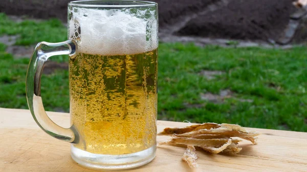 Taza Cerveza Con Cerveza Pescado Seco Una Bandeja Madera Naturaleza — Foto de Stock