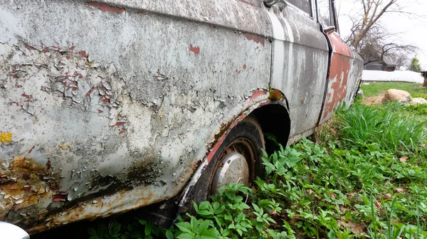 废弃的带有苔藓的复古汽车 车轮生长在地下 汽车墓地 麝香酒 — 图库照片