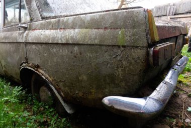 Terk edilmiş eski araba yosunla kaplanmış. Yerdeki tekerlekler büyümüş. Araba mezarlığı. Moskovalı.