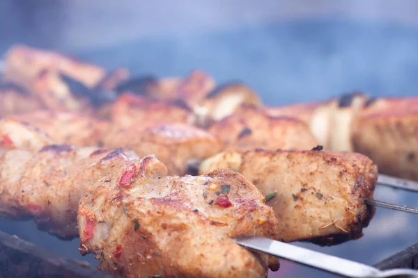Juicy Pork Skewers Skewers Cooking Meat Grill Smoke — Stock Photo, Image