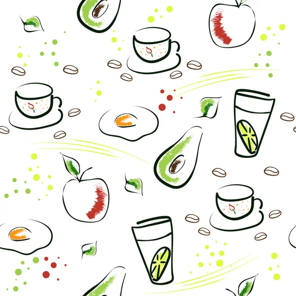 Breakfast Vector Hand Drawn Seamless Pattern Avocado Apple Glass Water — Stock Vector