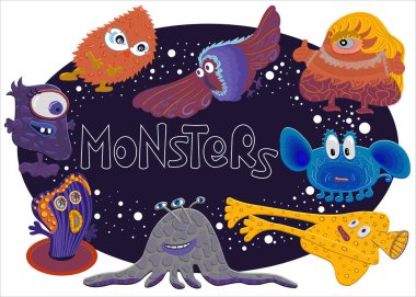 Harfleri ve sivri arka planı olan çizgi film canavarları. Sekiz el çizilmiş karakter koleksiyonu. Vektör çizimi. Parti dekorasyonu, tebrik kartı tasarımı, tişört baskısı, ilham posteri.