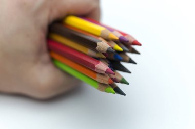 renkli kurşun kalem tutan el.