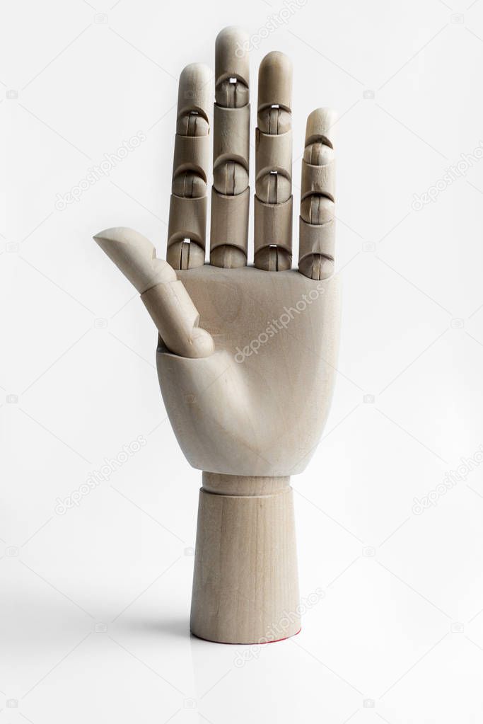 Wooden hand on a white background.