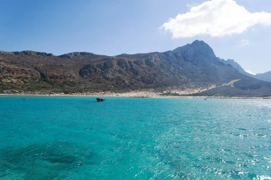 Deniz, plaj, dağ ve tekne.