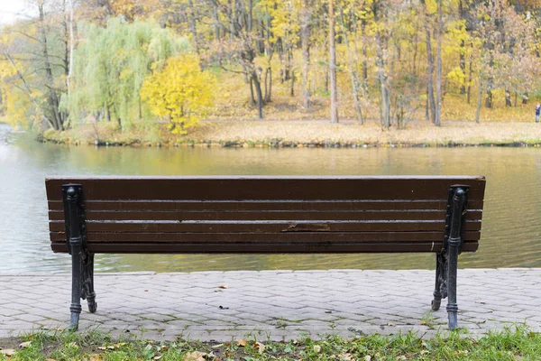 Una panchina del parco con vista sul lago in autunno giorno . — Foto Stock