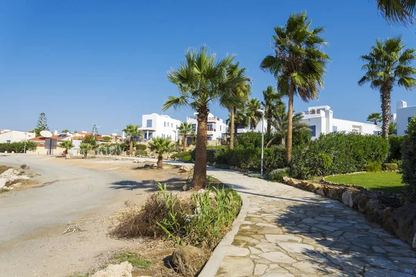 Yol boyunca palmiye ağaçları ve oteller.