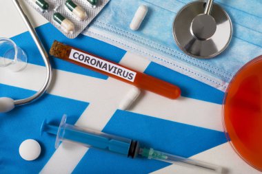 Coronavirus, ncov konsepti. Üst düzey koruyucu maske, steteskop, şırınga, İskoçya bayrağında haplar. Yeni bir Çin Coronavirüsü salgını.