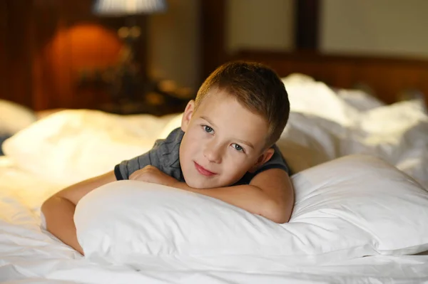 Little Cute Boy Years Old Schoolboy Lies Bed Sad Look — Stock Photo, Image