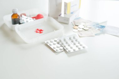 İlk yardım çantasının arka planında ilaçlarla birlikte yakın çekim ambalajı beyaz masa arka planında metinler için ilaçlar