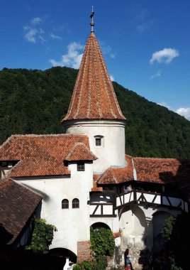 Bran / Romanya - 7 / 22 / 2018: Arkasında orman olan Bran Kalesi