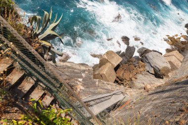 Yukarıdan bol köpüklü ve dinamik su manzaralı deniz dalgaları çarpıyor..