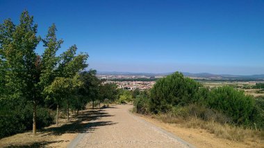 Compostela, Camino de Santiago, İspanya 'daki Kutsal Hac yolunda düz toprak yol. Yaz, buğday tarlaları. St James Yolu.  