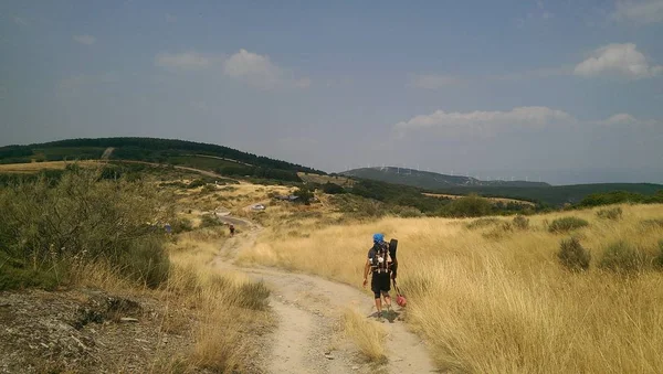 巡礼者はコンポステーラ巡礼の途中で未舗装の道を歩く Camino Santiago スペイン 小麦のフィールド セント ジェームズの道 — ストック写真