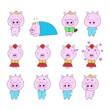 Şirin domuz koleksiyonu. Farklı kostüm ve karakterlerdeki komik domuzların vektör çizimi. Beyazda izole edilmiş.