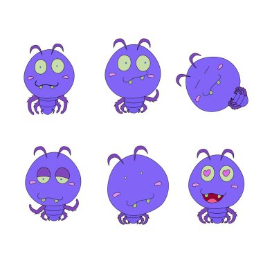 Şirin mor örümcek. Düz renklerle arkadaşça çizilmiş. Beyaz arkaplan çizer vektöründe izole edildi.