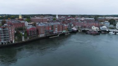 aerial drone shot of portsmouth new hampshire coastal town on water