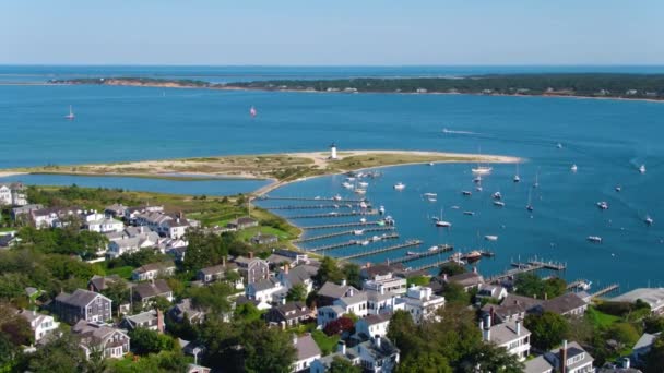 Aerial Drone Marthas Vineyard Edgartown Lighthouse Harbor Boats Coast — Stock Video