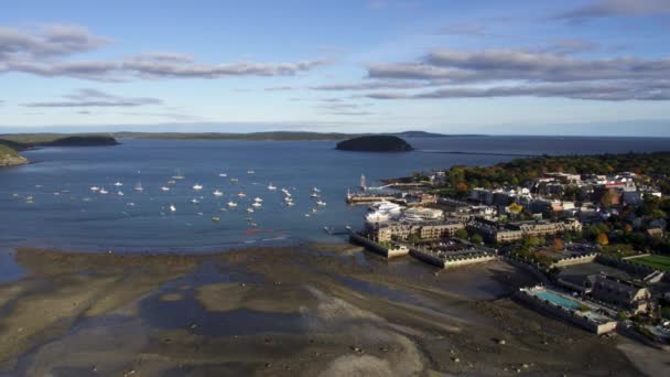 Aerial Drone New England Coastal Town Bar Harbor Maine — 图库视频影像