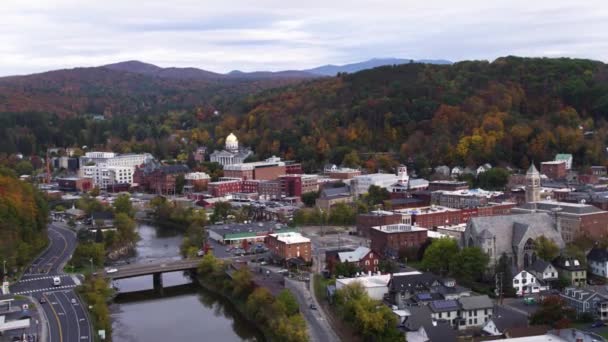 Aerial Drone Shot Montpelier Vermont New England Town Sunset — 图库视频影像