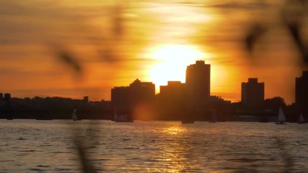Boston City Skyline Über Dem Wasser Sonnenuntergang — Stockvideo