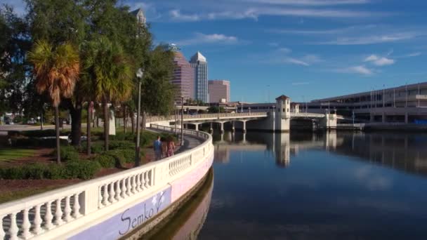 Paar Spaziert Hinter Drohne Entlang Der Skyline Von Tampa Bay lizenzfreies Stockvideo