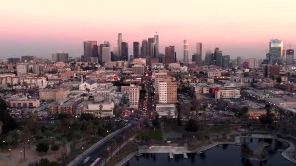 Centre Ville Los Angeles Coucher Soleil Timelapse Par Drone Aérien — Video