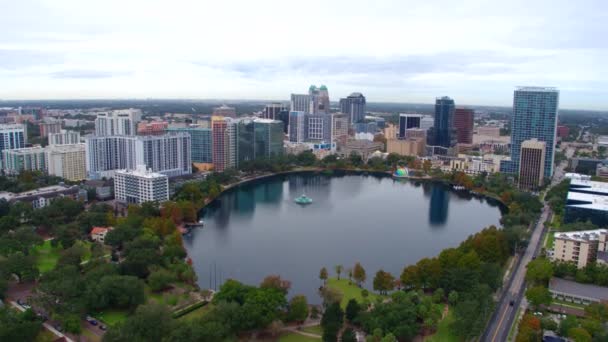 Centrum Orlando Skyline Sjö Eola Antenn Drönare — Stockvideo