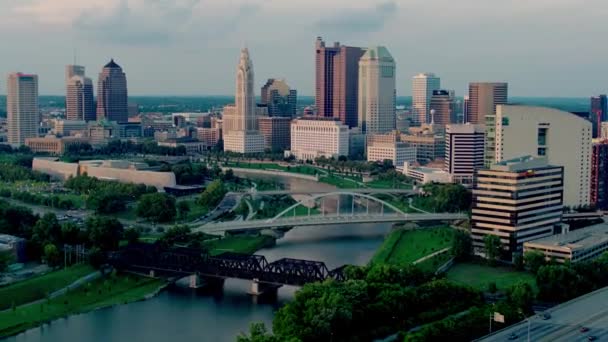 Drone Tiro Columbus Skyline Por Sol — Vídeo de Stock