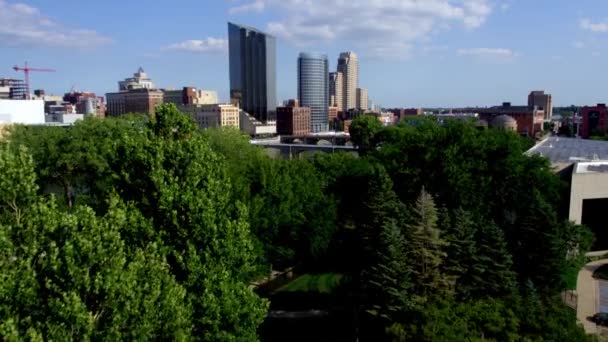 Grand Forsar Michigan Skyline Genom Träd — Stockvideo