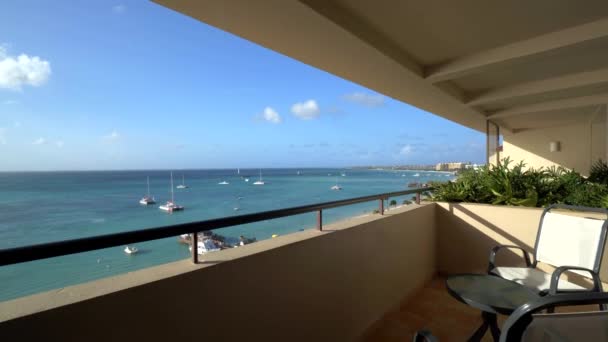 Hotel Balcony View Tropical Beach Resort Ocean Boats — Stock Video