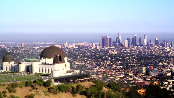 Arka Planda Los Angeles Şehir Merkezli Griffith Gözlemevi — Stok video