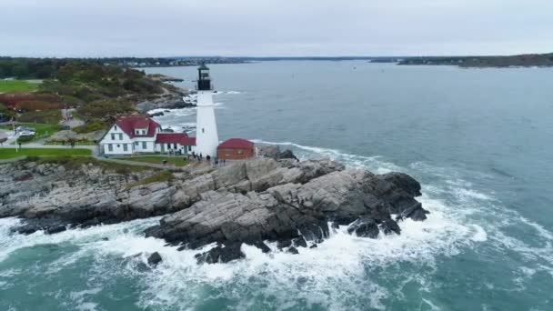 Portland Hoofd Licht Vuurtoren Maine Kust Antenne Drone — Stockvideo