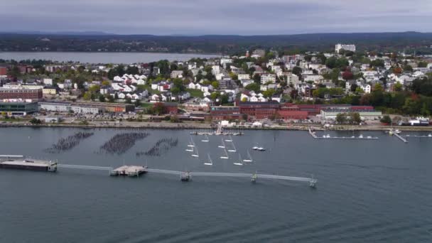 Portland Maine Κέντρο Της Πόλης Λιμάνι Ορίζοντα Από Εναέρια Drone — Αρχείο Βίντεο