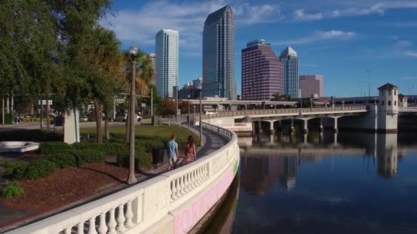 Romantica Passeggiata Lungo Tampa Skyline Baia Drone Aereo — Video Stock