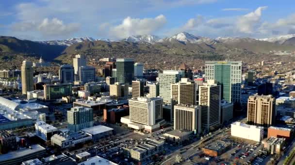 Salt Lake City Skyline Στο Κέντρο Της Πόλης Εναέρια Drone — Αρχείο Βίντεο