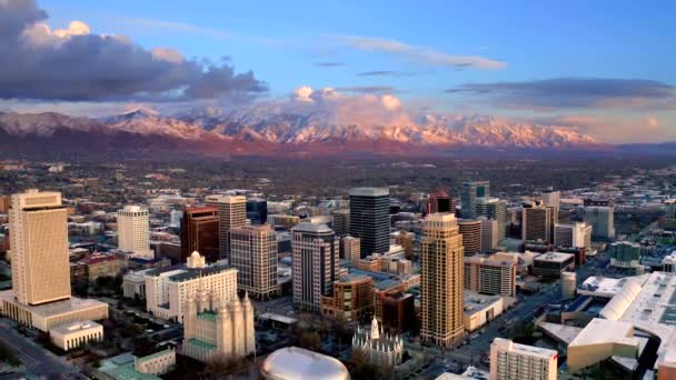 Sel Lac Ville Utah Skyline Coucher Soleil Avec Des Montagnes — Video