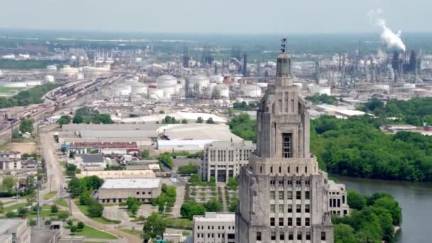 State Capitol Building Skyline Baton Rouge Drone Shot — Stock Video