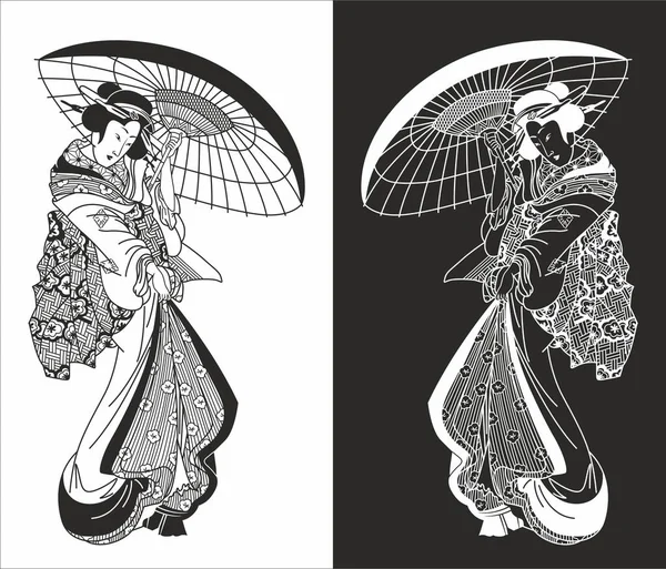Japansk Kvinna Traditionell Kimono Med Paraply Från Gammal Gravyr — Stock vektor