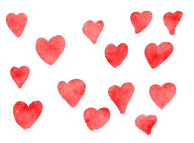 Farklı el boyaları. Suluboya ile boyanmış kırmızı kalpler.