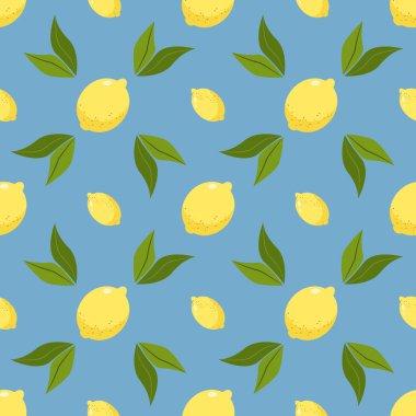 Mavi arka planda sarı limonlar. Vektörsüz desen