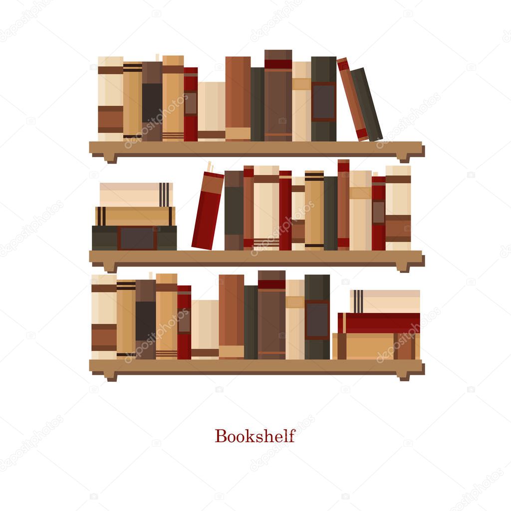 Bookshelves full of books both in the library. Flat vintage vector illustration.