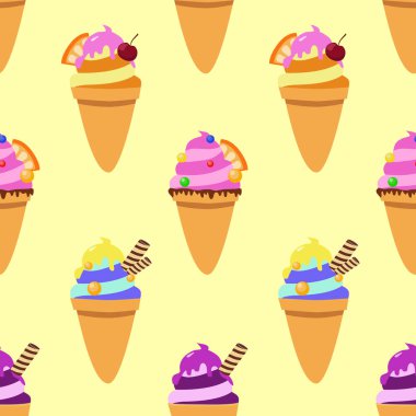 Vektör kusursuz desen. Sarı arka planda dondurma külahları. Yaz seti