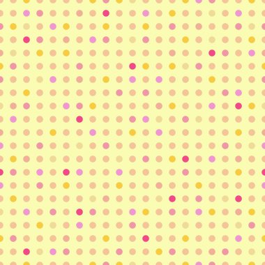 Puantiyeli. Vektör kusursuz desen. Sarı, pembe, mor noktalar sarı arkaplanda