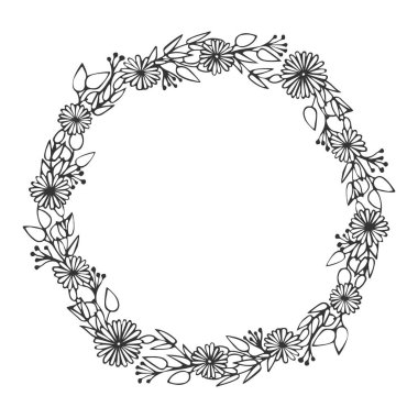 Çiçek çerçevesi. Bahar çiçeği. Vektör doğrusal çizim çizimi. Çemberde çiçekler var. Siyah ve beyaz karalama 
