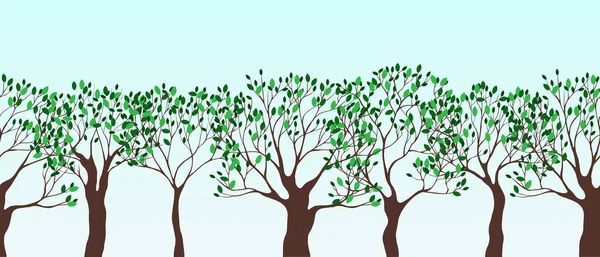 Frühlingsgrüne Bäume Und Blauer Himmel Nahtlose Vektorgrenze Gerden Sommerliche Illustration — Stockvektor