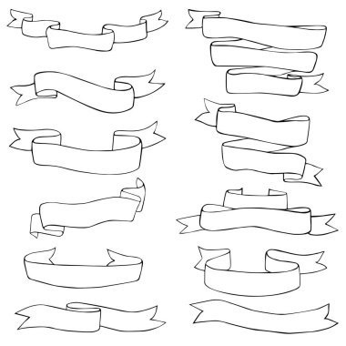 Vektör Hattı Kurdeleleri ve Sancakları. Beyaz arkaplanda izole edilmiş düz kurdele illüstrasyonu. Kurdele koleksiyonu